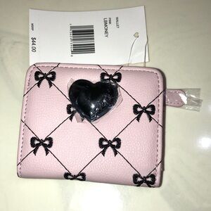 Betsey Johnson Pink & Black Embroidered Bow Faux Leather Bifold Snap Wallet NWT